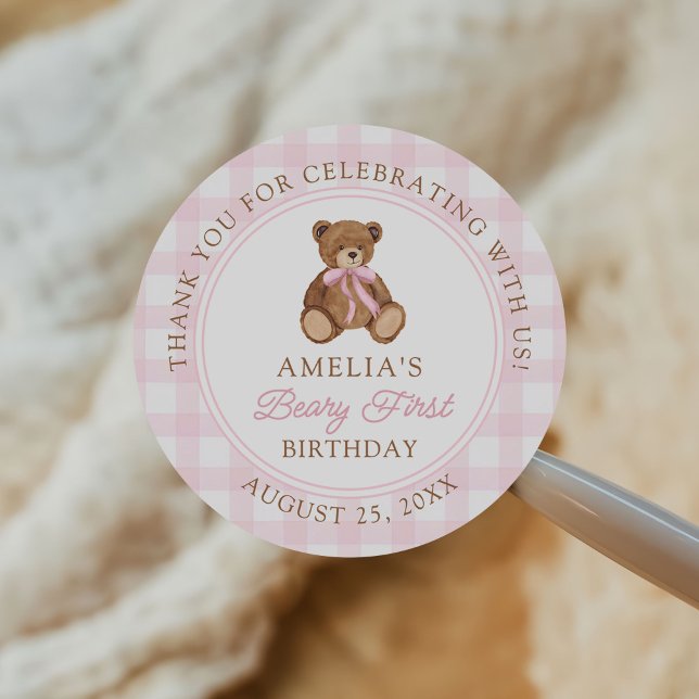 Pegatina Redonda Teddy Bear Beary First 1st Birthday Party (Subido por el creador)