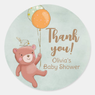 Pegatina Redonda Teddy Bear, Bird and Balloons Baby Shower