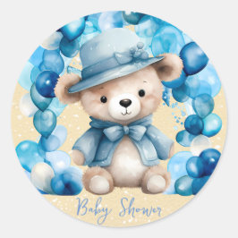 Pegatina Redonda Teddy Bear Blue Arch Balloons Boy Baby Shower