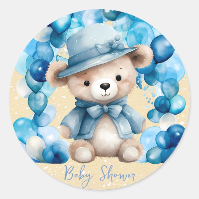 Pegatina Redonda Teddy Bear Blue Arch Balloons Boy Baby Shower (Anverso)