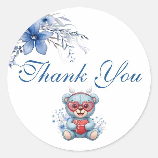 Pegatina Redonda Teddy Bear Blue Baby Shower Thank You (Anverso)