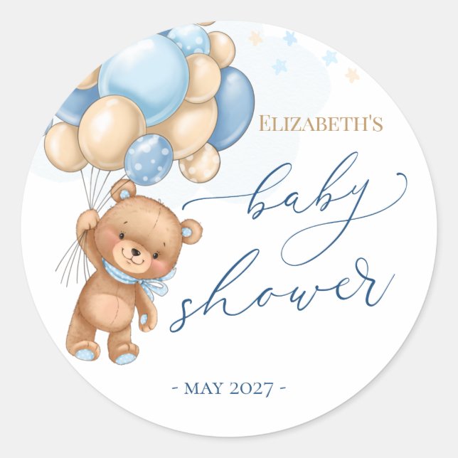 Pegatina Redonda Teddy Bear Blue Balloons Baby Shower (Anverso)