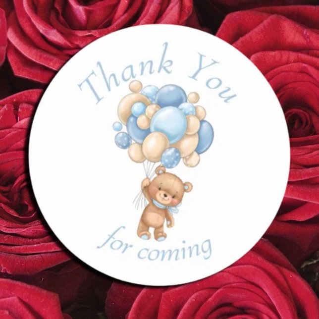 Pegatina Redonda Teddy Bear Blue Balloons Baby Shower Gracias (We can Bearly Wait, Thank You sticker)