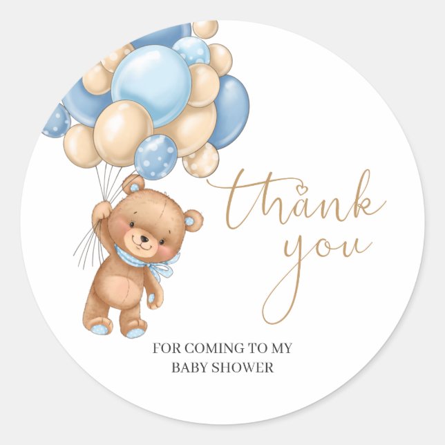 Pegatina Redonda Teddy Bear Blue Balloons Baby Shower Gracias Cla (Anverso)