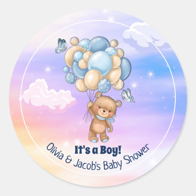 Pegatina Redonda Teddy Bear Blue Balloons Boy Baby Shower (Anverso)