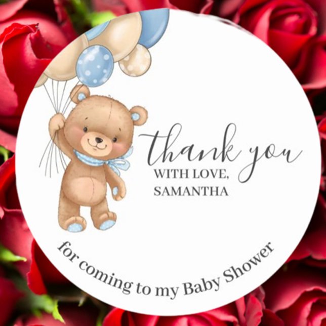 Pegatina Redonda Teddy Bear Blue Balloons Gracias (Express heartfelt gratitude with this Teddy Bear Blue Balloons Thank You sticker)