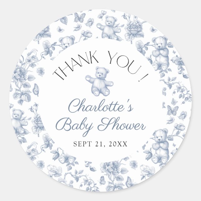 Pegatina Redonda Teddy Bear Blue Toile Boy Baby Shower Gracias (Anverso)