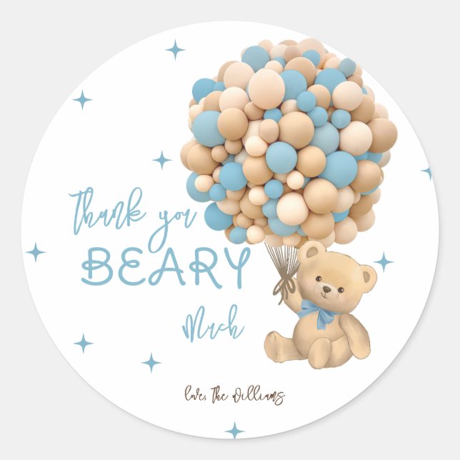 Pegatina Redonda Teddy Bear Boho Baby Boy Shower Gracias (Anverso)