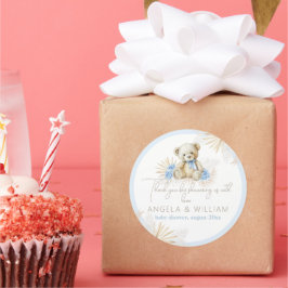 Pegatina Redonda Teddy Bear Boho Blue Boy Gracias Baby Shower