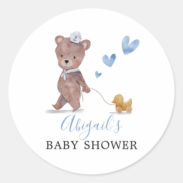 Pegatina Redonda Teddy Bear Boy Baby Shower (Anverso)