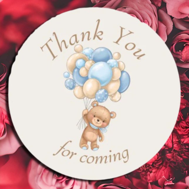 Pegatina Redonda Teddy Bear Brown Balloons Gracias (elegant, rustic,  boy, girl,  gender neutral ,  cute,  baby shower teddy beary cute,   )