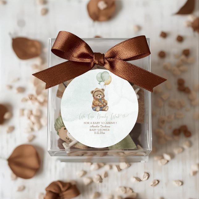 Pegatina Redonda Teddy Bear Brown Sage Green Balloons Baby (Subido por el creador)