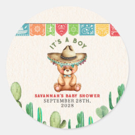 Pegatina Redonda Teddy Bear Cactus Boy Baby Shower Fiesta