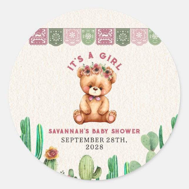 Pegatina Redonda Teddy Bear Cactus Chica Baby Shower Fiesta (Anverso)