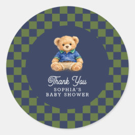 Pegatina Redonda Teddy Bear Checkboard Retro Baby Shower