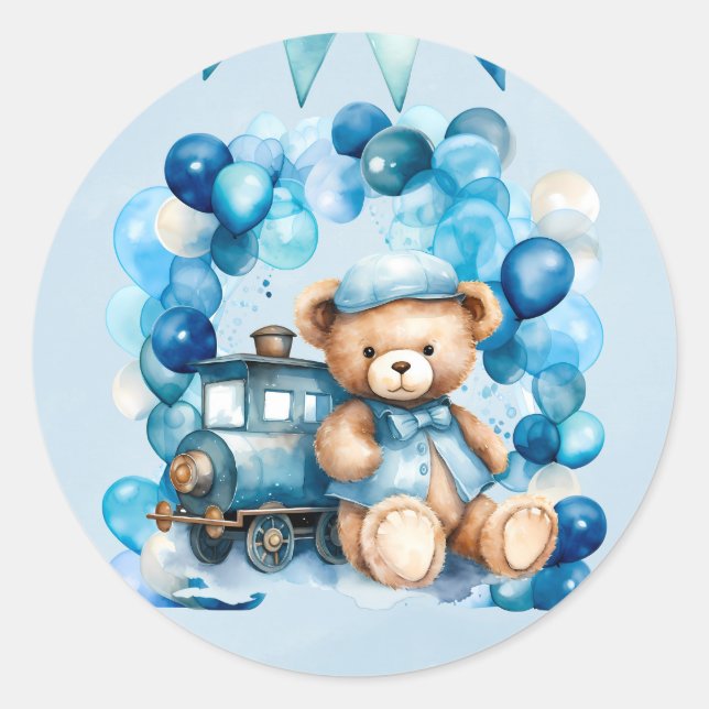 Pegatina Redonda Teddy Bear Cho Cho Train Boy Baby Shower (Anverso)