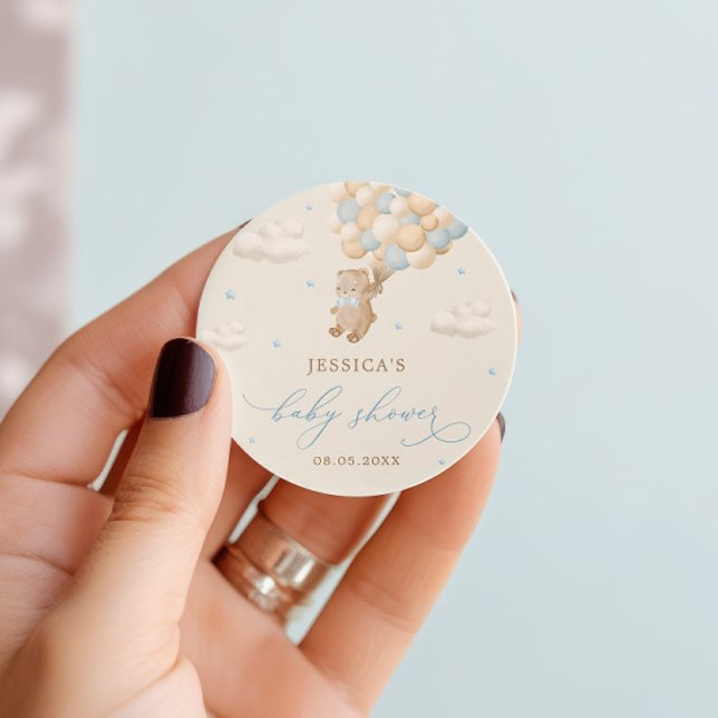 Pegatina Redonda Teddy Bear con Blue Balloons Baby Shower (Subido por el creador)