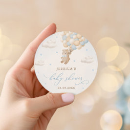 Pegatina Redonda Teddy Bear con Blue Balloons Baby Shower