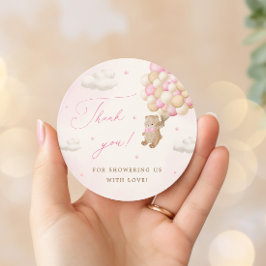 Pegatina Redonda Teddy Bear con globos rosados Gracias