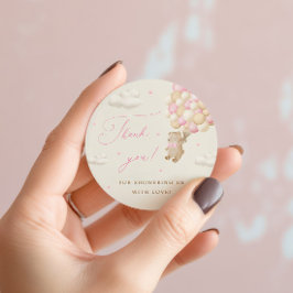 Pegatina Redonda Teddy Bear con globos rosados Gracias