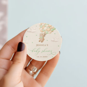 Pegatina Redonda Teddy Bear con los globos verdes Baby Shower