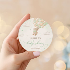 Pegatina Redonda Teddy Bear con los globos verdes Baby Shower