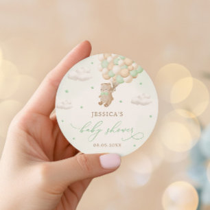 Pegatina Redonda Teddy Bear con los globos verdes Baby Shower