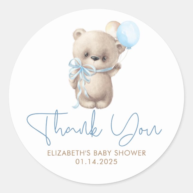 Pegatina Redonda Teddy Bear Cute Blue Brown Baby Shower Gracias (Anverso)