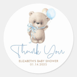 Pegatina Redonda Teddy Bear Cute Blue Brown Baby Shower Gracias
