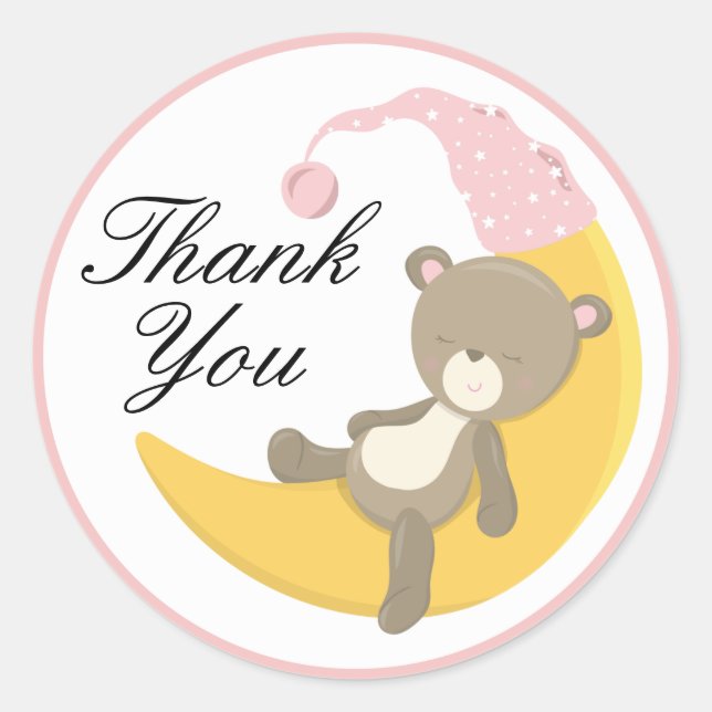 Pegatina Redonda Teddy Bear en Crescent Moon Gracias (Anverso)