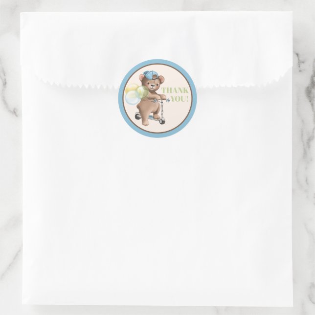 Pegatina Redonda Teddy Bear en Scooter Baby Shower Gracias (Bolso)