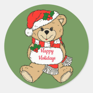 Pegatina Redonda Teddy Bear Felices Fiestas