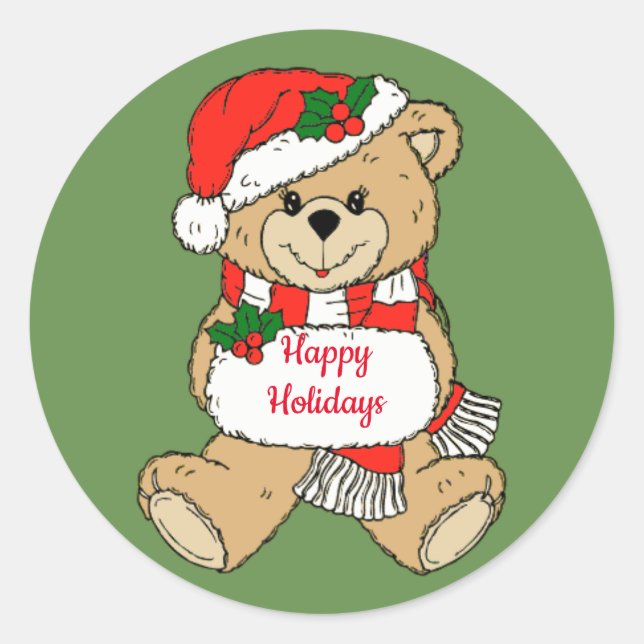 Pegatina Redonda Teddy Bear Felices Fiestas (Anverso)