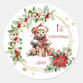 Pegatina Redonda Teddy Bear Foliage Poinsettia Baby 1er Navidades