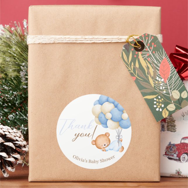 Pegatina Redonda Teddy Bear Globos Bebé Niño Ducha Gracias (Vacaciones)