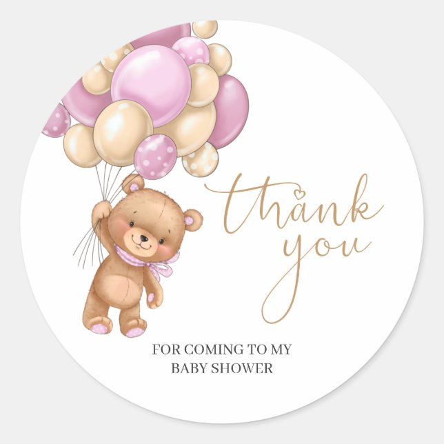 Pegatina Redonda Teddy Bear Globos Rosa Baby Shower Gracias (Anverso)