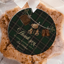Pegatina Redonda Teddy Bear Green Tartan Baby Shower