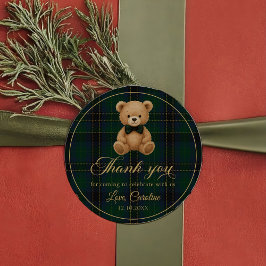 Pegatina Redonda Teddy Bear Green Tartan Baby Shower Sticker