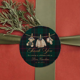 Pegatina Redonda Teddy Bear Green Tartan Baby Shower Sticker