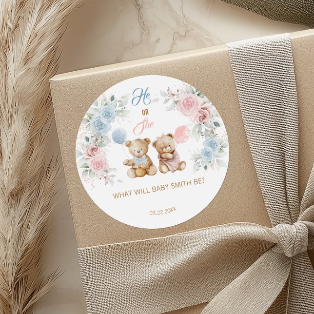 Pegatina Redonda Teddy Bear He or She Gender Reveal Sticker (Subido por el creador)