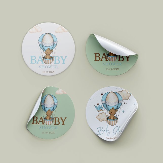 Pegatina Redonda Teddy Bear Hot Balloon Bearly Wait boy Baby Shower (Teddy bear baby shower round sticker )