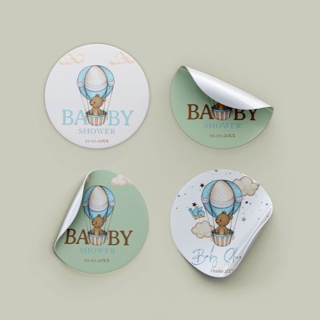 Pegatina Redonda Teddy Bear Hot Balloon Bearly Wait boy Baby Shower (Teddy bear baby shower round sticker )