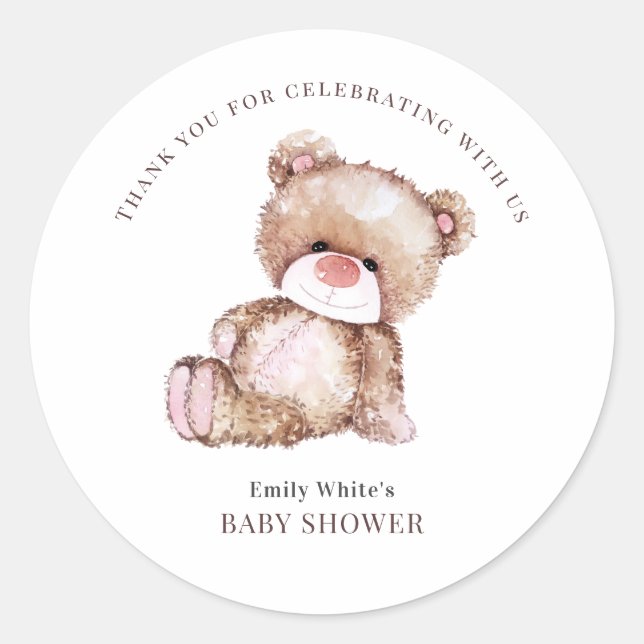 Pegatina Redonda Teddy Bear Invitación Baby Shower Puede Esperar (Anverso)