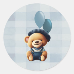 Pegatina Redonda Teddy Bear Jean Baby Shower Blue