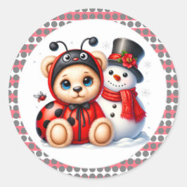 Pegatina Redonda Teddy Bear Ladybug con Snowman Baby Shower