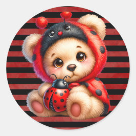 Pegatina Redonda Teddy Bear Ladybug Stripes Chica Baby Shower