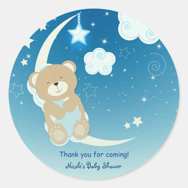 Pegatina Redonda Teddy Bear Moon & Stars Personalizado Favor (Anverso)