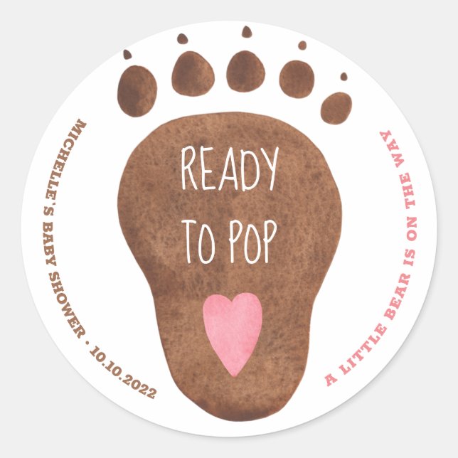 Pegatina Redonda Teddy Bear Paw ReadyTo Pop Baby Shower Classic (Anverso)