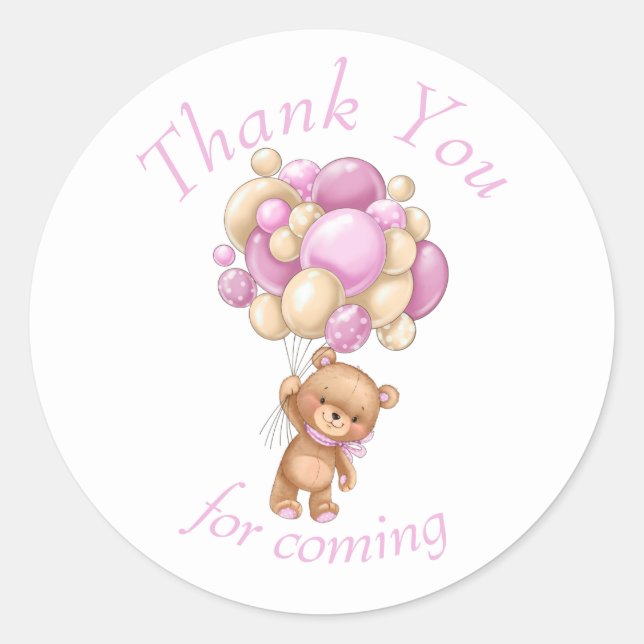 Pegatina Redonda Teddy Bear Pink BALLOON gracias (Anverso)