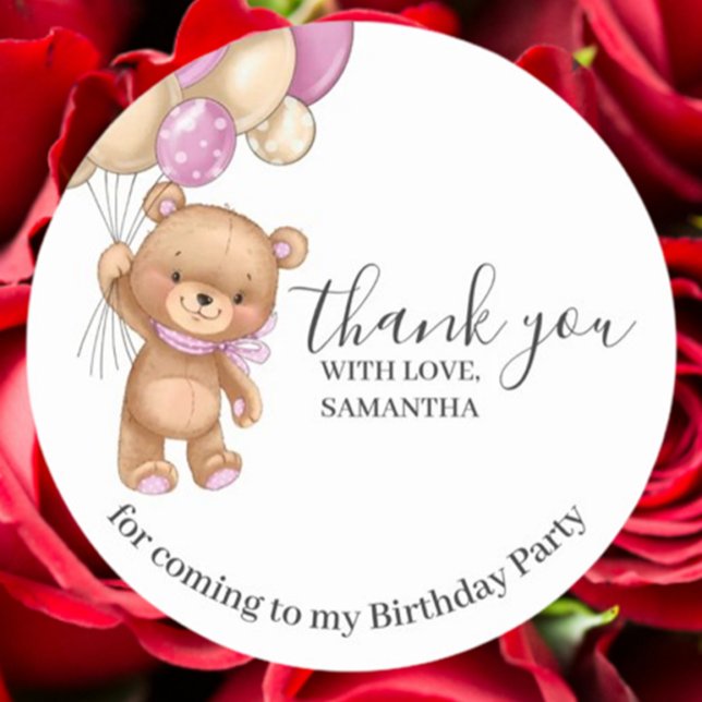 Pegatina Redonda Teddy Bear PINK Balones Cumpleaños Gracias (Express heartfelt gratitude with our Teddy Bear PINK Balloons Birthday Thank You Sticker)